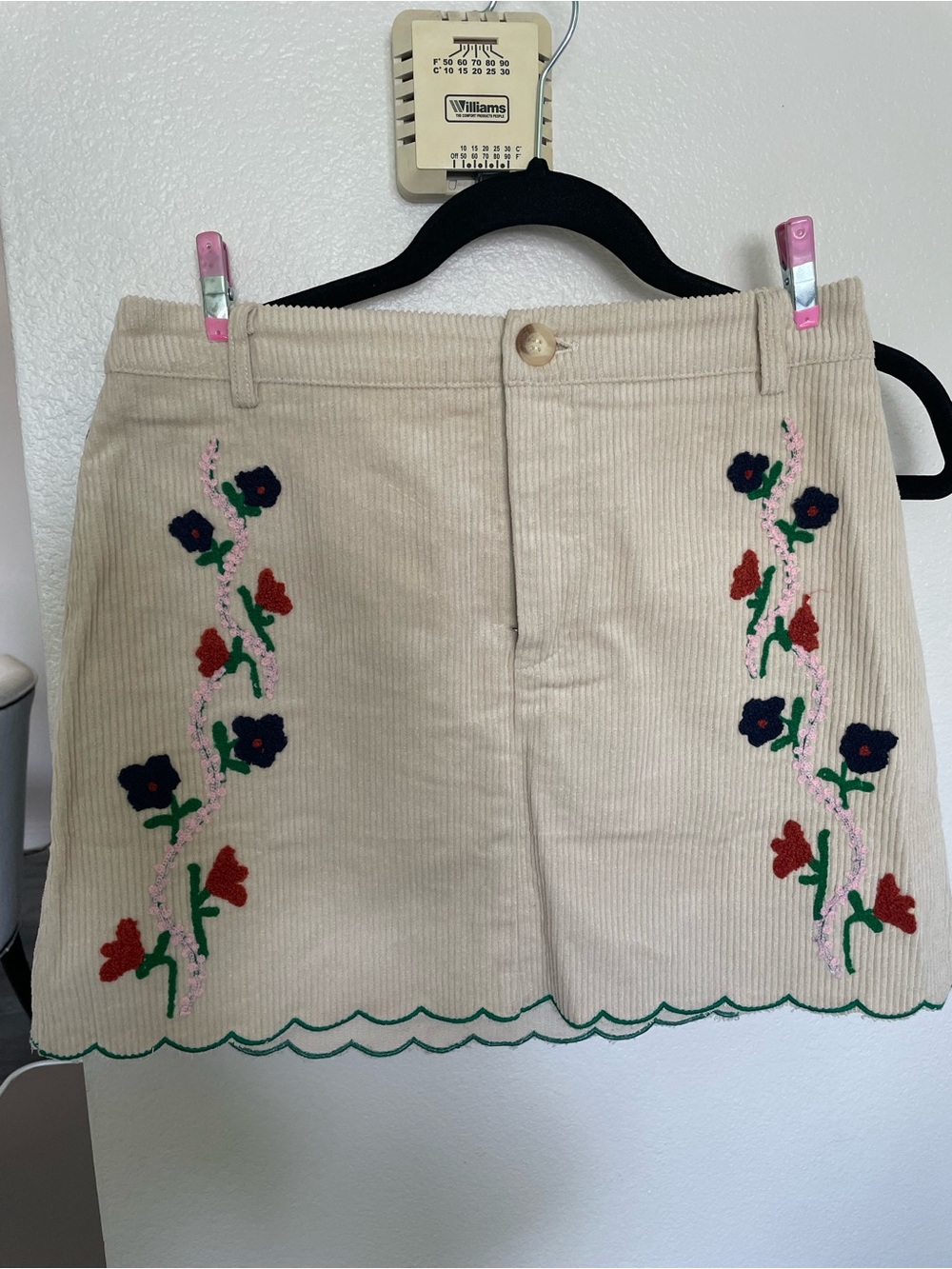 Jacqui E Beige Corduroy Skirt with Embroidered Floral Appliqué